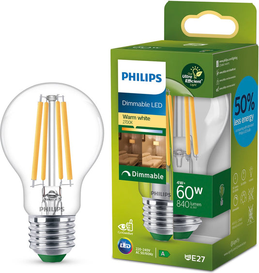 Philips led philips ultra efficient led lamp transparant - 60 w - e27 - dimbaar warmwit licht - energielabel a