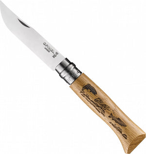 Opinel no.08 trout engraved zakmes rvs hout