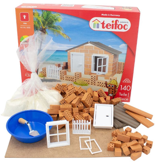 Teifoc ® bouwdoos – strandhuis – 140 onderdelen – echte mini bakstenen met cement, kom en troffel – bouwpakket voor kinderen vanaf 6 jaar