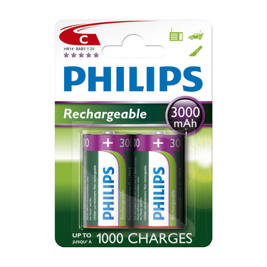 Battery sales europe oplaadbare batterijen philips rechargeable nimh c hr14 3000mah, 2st.