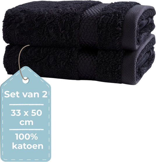 Hush. living hush living - gastendoek - set van 2 - 33×50 cm - 100% katoen - zware kwaliteit 500g m2 - stijlvol boord en ophanglus - zwart