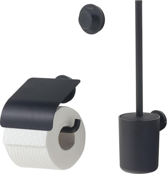 Tiger urban toiletaccessoireset - toiletborstel met houder - toiletrolhouder met klep - handdoekhaak - zwart