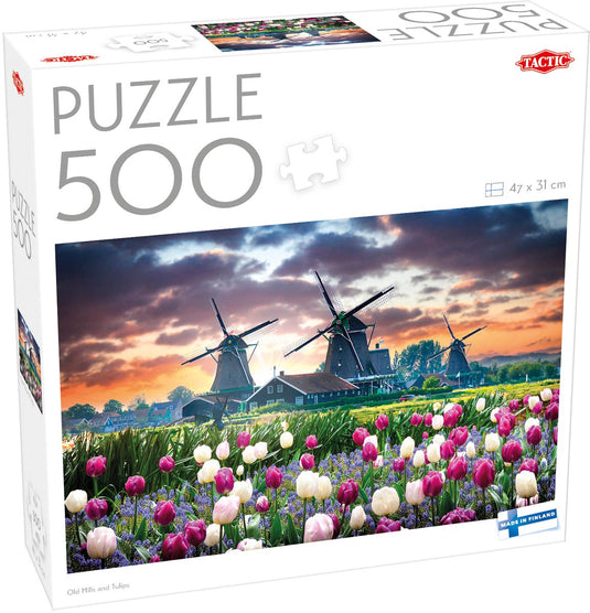 Tactic old mills and tulips – puzzel – 500 stukjes – hollandse molens en tulpenvelden – typisch nederlands landschap – hoogwaardige scandinavische kwaliteit