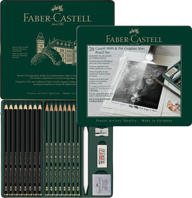Faber-castell grafietpotloden - pitt mat en 9000 serie in blik - inclusief toebehoren - fc-115224