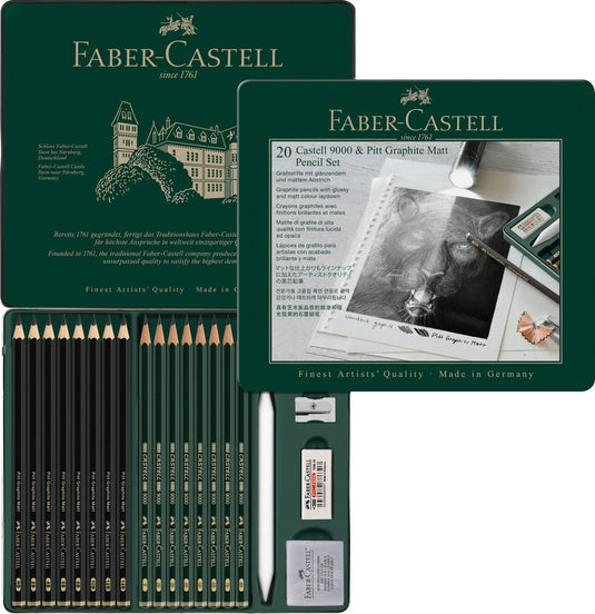 Faber-castell grafietpotloden - pitt mat en 9000 serie in blik - inclusief toebehoren - fc-115224