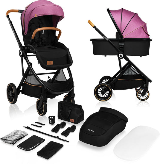Lionelo riya - kinderwagen 2 in 1 - wieg + wandelwagen - 0-15kg - opvouwbaar - xxl zonnekap - verstelbare rugleuning - grote pu wielen - accessoireset - verstelbare duwstang - voor achter montage
