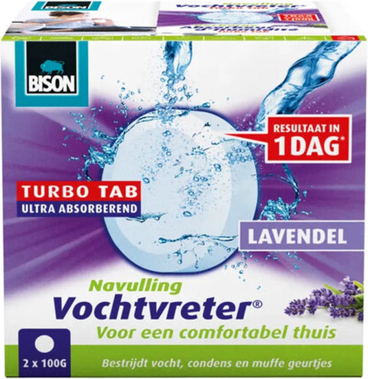 Bison vochtvreter® navultablet 2x 100 g lavendelgeur, luchtontvochtiger, geschikt voor vochtvreter® ambiance, bestrijd hoge luchtvochtigheid, ook geschikt voor caravans en campers