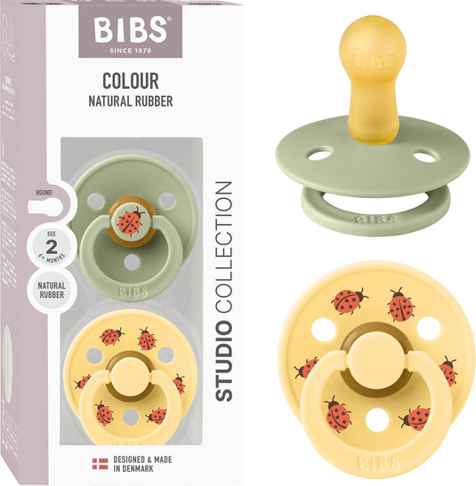 Bibs colour studio speen verpakking van 2 stuks. bpa-vrij, ronde speen. natuurlijk rubberlatex, gemaakt in denemarken, maat 2 (6-18 maanden), sage pale butter