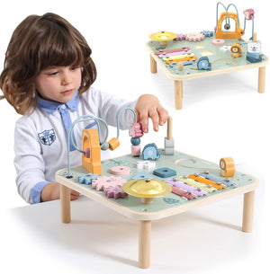 Polarb houten activiteitentafel baby - multifunctionele speeltafel met vormenstoof, kralenbaan, tandwielen en muziekinstrumenten - educatief speelgoed vanaf 18 maanden