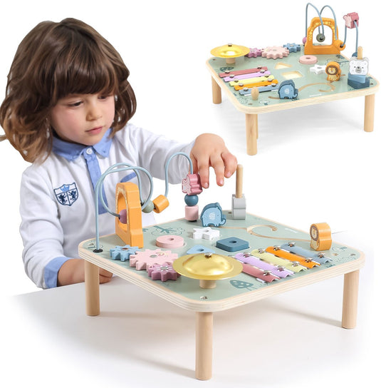 Polarb houten activiteitentafel baby - multifunctionele speeltafel met vormenstoof, kralenbaan, tandwielen en muziekinstrumenten - educatief speelgoed vanaf 18 maanden