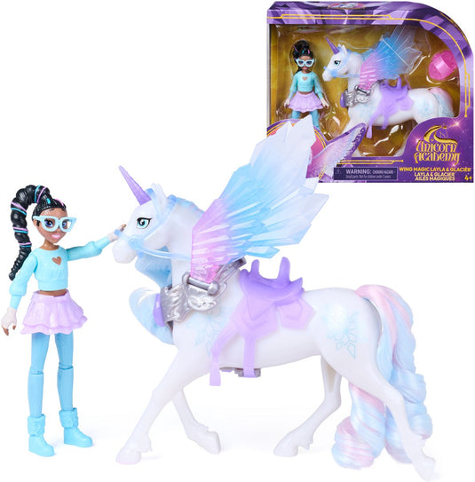 Unicorn academy layla glacier met vleugelmagie, beweegbare pop van 11,4 cm en eenhoorn met vleugels van 12,7 cm, 4 accessoires, poppen en eenhoornspeelgoed, verjaardagscadeaus