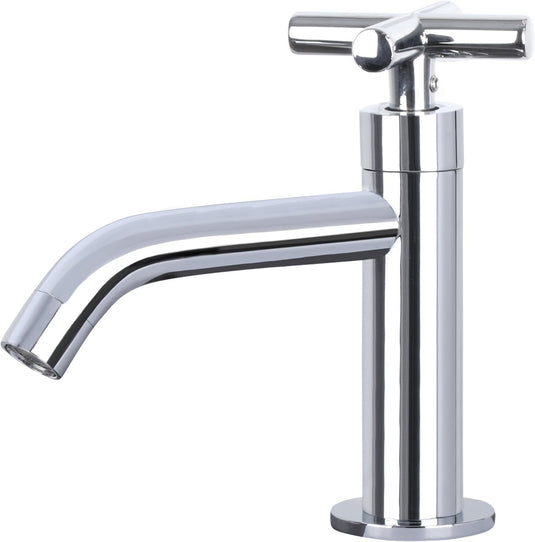 Differnz koudwaterkraan met kruisgreep - wastafelkraan - toiletkraan - gebogen uitloop - messing - chroom - 16 x 5 x 20 cm - zonder waste of ketting - opbouwmontage