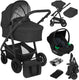 Lionelo bianka kinderwagen 3 in 1 - reiswieg + wandelwagen + autostoel - grote luchtbanden, volledige vering - inklapbaar - verstelbare duwstang - buggy omkeerbare zitting - 0-22kg - accessoireset - zwart