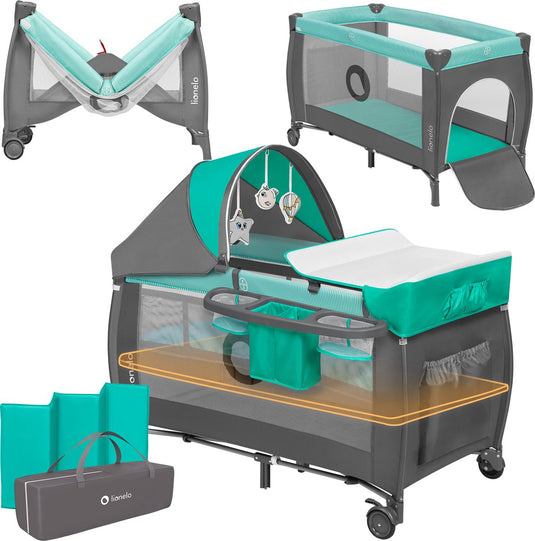 Lionelo sven plus 2in1 meegroeibed campingbedje - 127x60 cm – co-sleeper reisbed – tot 15 kg – inclusief commode, organizer, klamboe interactief speelgoed – lockguard systeem – 2 hoogtes verstelbaar – snel inklapbaar draagtas