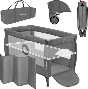 Lionelo stefi plus campingbedje 4 in 1 – baby bed inklapbare box reisbedje met bodemverhoger (rugvriendelijk ontwerp) – met comfort matras – 60x120 cm – 0-36 maanden tot 15 kg – zij-ingang – wielen – transporttas – babybed babybox ledikant