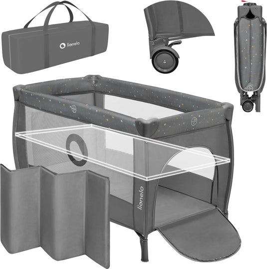 Lionelo stefi plus campingbedje 4 in 1 – baby bed inklapbare box reisbedje met bodemverhoger (rugvriendelijk ontwerp) – met comfort matras – 60x120 cm – 0-36 maanden tot 15 kg – zij-ingang – wielen – transporttas – babybed babybox ledikant