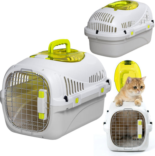 Peluvio safy katten vervoersbox – reismand -draagtas voor katten tot 5 kg – lichtgewicht inklapbaar – stevige pp-behuizing metalen deur – goede ventilatie – uitneembaar rooster water- voerbakje – veilig comfortabel onderweg