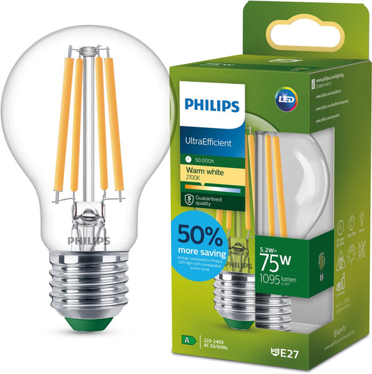 Philips led philips ultraefficient led lamp - transparant - 75w - e27 fitting - warmwit licht: 2700k - bespaar op energiekosten