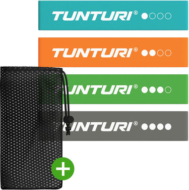 Tunturi 4 weerstandsbanden set - mini power body band - weerstandsband - fitness elastiek - fitnessband - trainingsband - gymnastiekband - incl. gratis fitness app