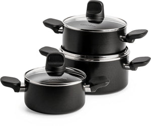 Greenpan memphis pannenset 6-delig - 16 18 20cm - 1.6 2.1 3.1l - pfas-vrije antikleeflaag - pannenset inductie - keramische pan - ovenbestendig tot 160°c - koudgrepen - met glazen deksel - zwart