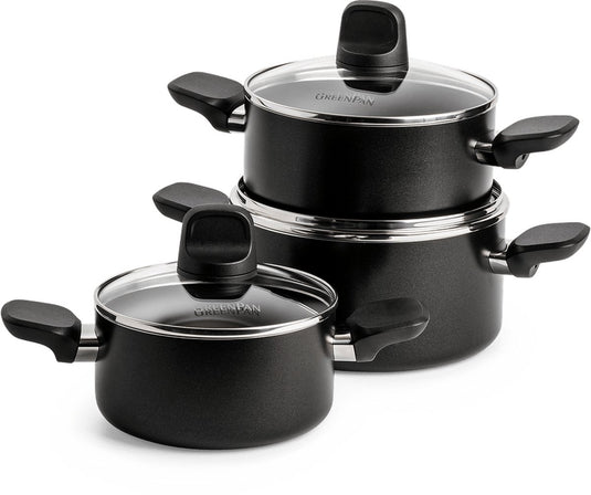 Greenpan memphis pannenset 6-delig - 16 18 20cm - 1.6 2.1 3.1l - pfas-vrije antikleeflaag - pannenset inductie - keramische pan - ovenbestendig tot 160°c - koudgrepen - met glazen deksel - zwart