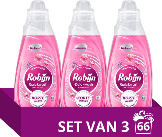 Robijn quickwash - vloeibaar wasmiddel - sunset bloom - 3 flessen - 66 wasbeurten - voordeelverpakking