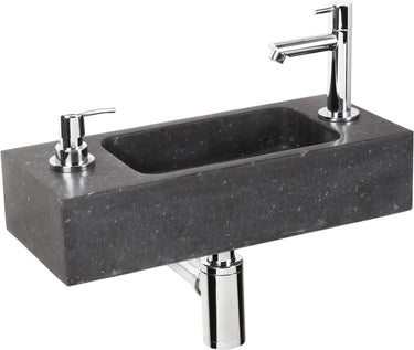 Differnz sapon fonteinset - 42x18.5x9cm - rechthoek - 1 kraangat - met sifon fontein en afvoerplug - natuursteen zwart