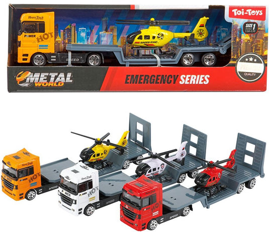 Toi-toys metal vrachtwagen met oplegger en helikopter