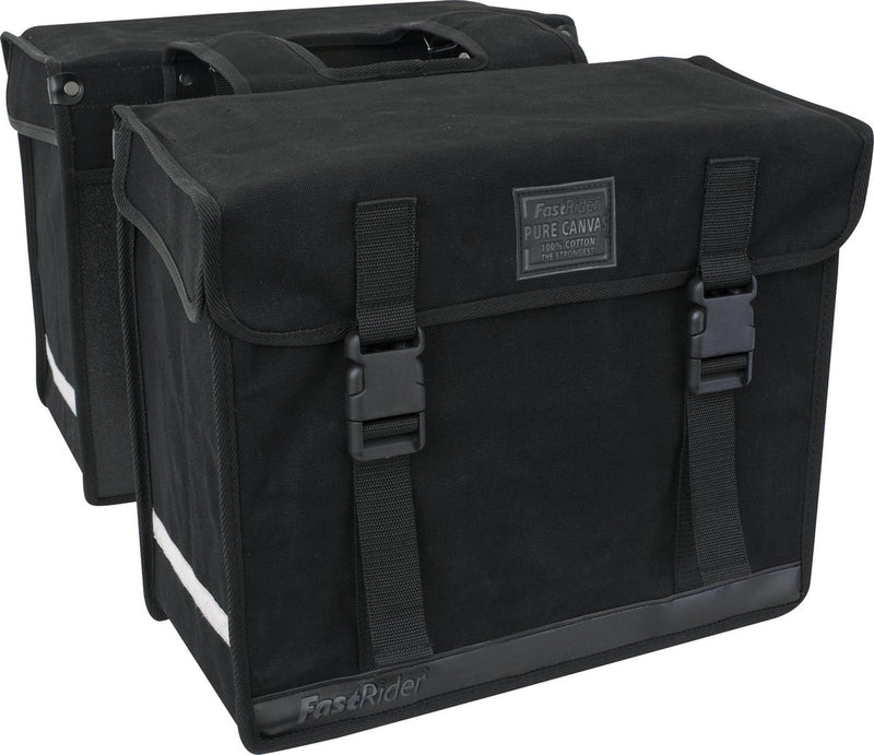 Afbeelding laden in galerijviewer, Fastrider canvas hybride 36 dubbele fietstas zwart 47l - afgeschuind - waterafstotend canvas - reflecterend - geschikt voor e-bike
