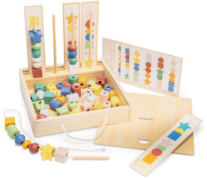 Woet ® houten kralen volgorde spel - sorteer- en rijgspel met opdrachtkaarten in opbergdoos - educatief montessori speelgoed - vanaf 3 jaar
