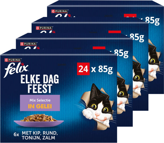 Felix elke dag feest mix selectie in gelei - kattenvoer natvoer - kip rund tonijn kabeljauw - 96 x 85 g