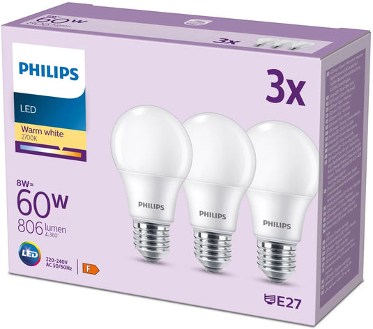 Philips led lamp mat - 60 w - e27 - warmwit licht - 3 stuks
