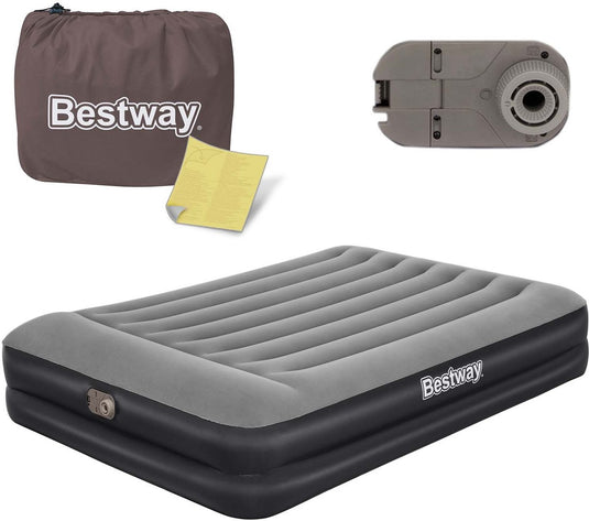 Bestway luchtbed 2 persoons - luchtmatras 203 x 152 x 46 cm - met ingebouwde pomp en leegloopventiel - tritech materiaal - behoud zijn vorm - kampeer accessoires - zwart grijs