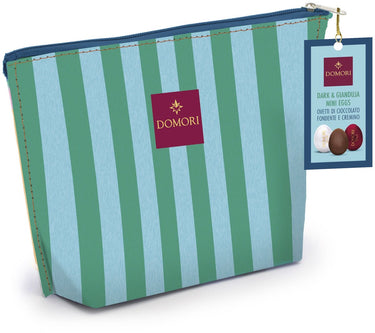 Domori - cabana collection luxe chocolade paasei – assorted dark gianduia chocolate eggs – premium gift set – groen en lichtblauwe etui - meeneem verpakking voor onderweg