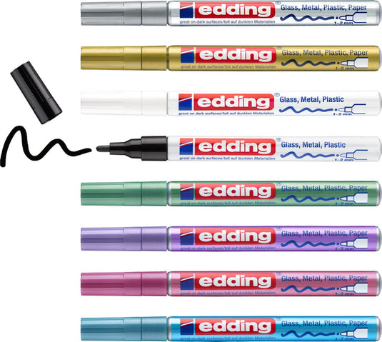 Edding 751 8 s glanslakmarker feestelijke en metallic kleuren assorti set - ronde punt - 1-2 mm - set van 8 stuks