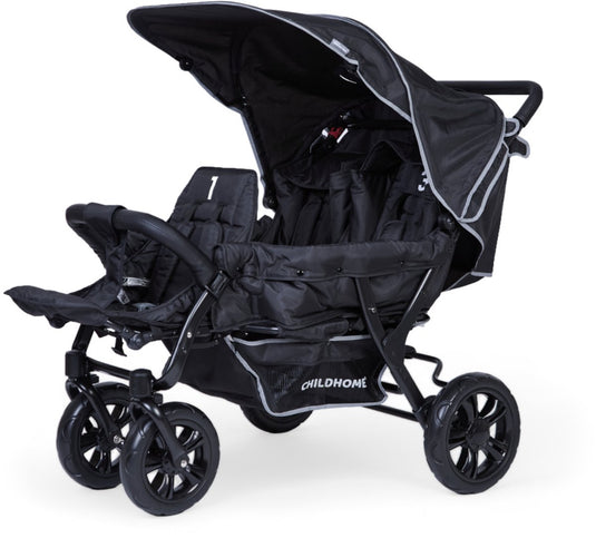 Childhome triplet kinderwagen – 3 zitplaatsen – zwart – inclusief regenhoes zonnekappen – 132x85x104 cm