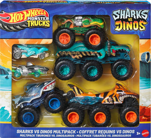Hot wheels monster trucks sharks vs dinos multipack, voertuigenset, 3 jaar, metaal, kunststof, meerkleurig