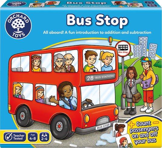 Orchard toys - bus stop - rekenspel met bus - laat passagiers in- en uitstappen - optel- en aftreksommen - vanaf 4 jaar