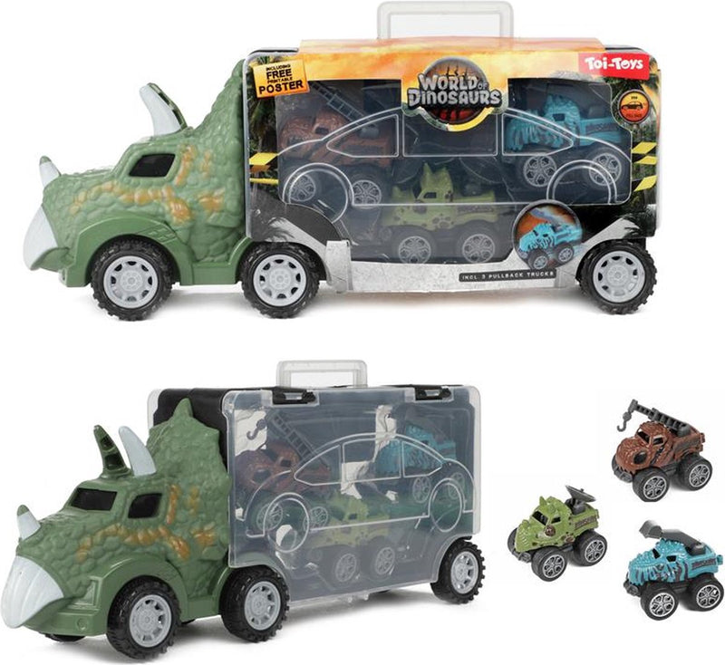 Afbeelding laden in galerijviewer, World of dinosaurs dinotruck met 3 pull-back auto's
