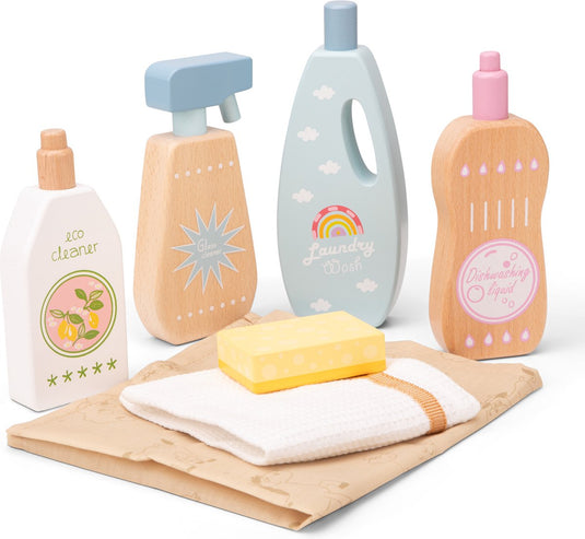 Woet ® houten speelgoed schoonmaakmiddelen set - 7-delig schoonmaakset met flessen doekjes - fsc - educatief rollenspel - vanaf 3 jaar