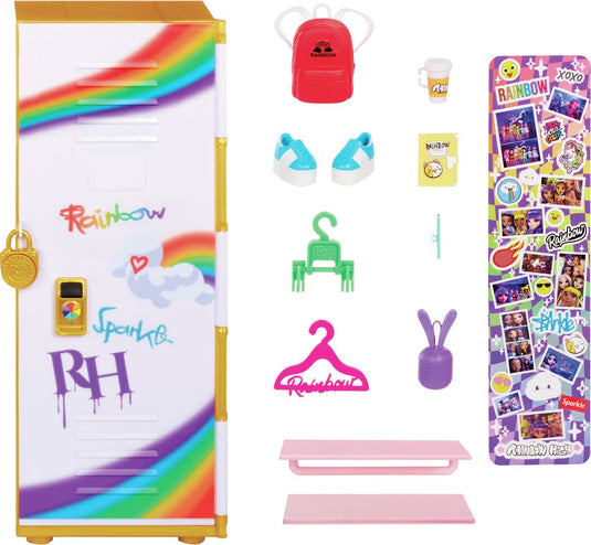 Rainbow high design stijl - locker speelset met planken, kleerhangers, accessoires en stickers