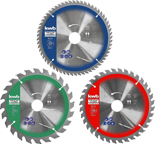 Kwb cirkelzaagbladenset 165 x 20 16 voor handcirkelzagen, voor plaatmaterialen en bouwmaterialen van hout inclusief verloopringen tot 16 en 20 mm