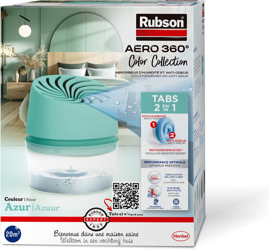Rubson vochtopnemer aero360 colour collection turquoise 450g box | vochtvangende luchtontvochtiger toestel | ontvochter | vochtopnemer binnenhuis.