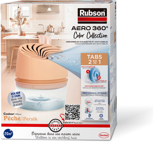 Rubson vochtopnemer aero360 colour collection perzik 450g box | vochtvangende luchtontvochtiger toestel | ontvochter | vochtopnemer binnenhuis.