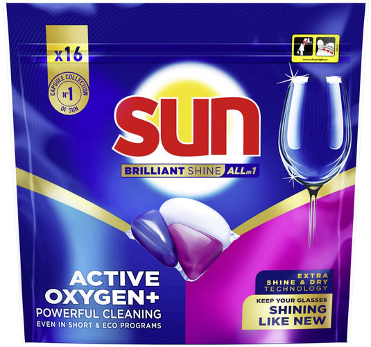 Sun - vaatwascapsules - brilliant shine - all-in 1 - een capsule met active oxygen+ - 16 vaatwastabletten