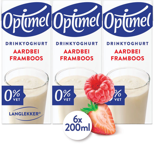 Optimel langlekker – drinkyoghurt – 0% vet – aardbei-framboos – 5 x 6 x 200 ml – voordeelverpakking