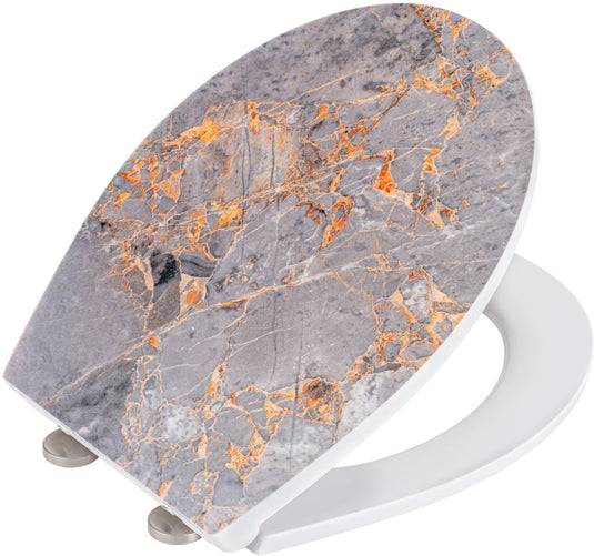 Wenko wc bril grey marble - antibacterieel duroplast met structuurprint - easy-close softclose sluiting - fix-clip bevestiging afklikbaar in rvs - toiletbril decor met structuur - toiletzitting met print