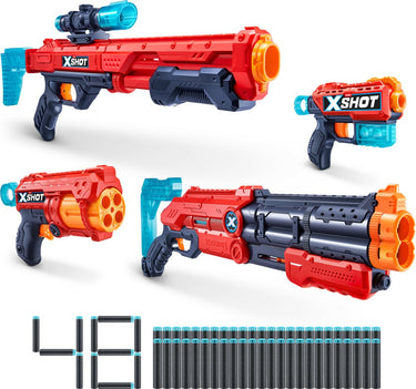 Xshot excel ultimate shootout pack (4 blasters, 48 darts, 6 cans) van zuru - speelgoedblaster