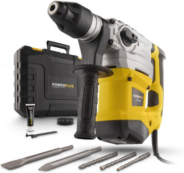 Powerplus elektrische klopboormachine powx1195 - 4 in 1: boren hamerboren beitelen en beitelrotatie, 1500 w boormachine, 6 j, sds plus, 5 accessoires