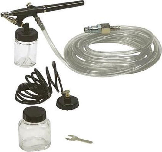 Stanley airbrush set voor compressor, 5-delig, 15 l min 3 bar met airbrush pistool slang, spiraalslang, 2 reservoirs en multifunctionele sleutel, voor modelbouw make-up meubels auto